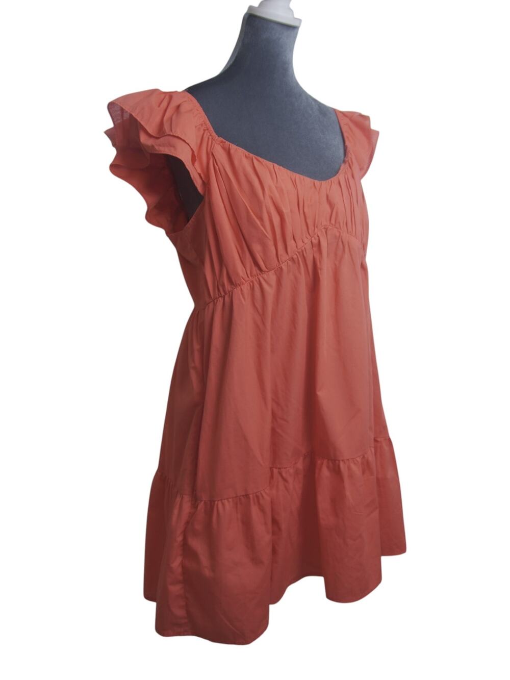 Abercrombie Fitch Coral Babydoll Mini Dress XL Flutter Sleeve Smocked Pockets